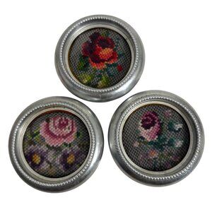 Set of 3 Floral Needlepoint Coasters Glass w/ Metal Frame Hand Stitched